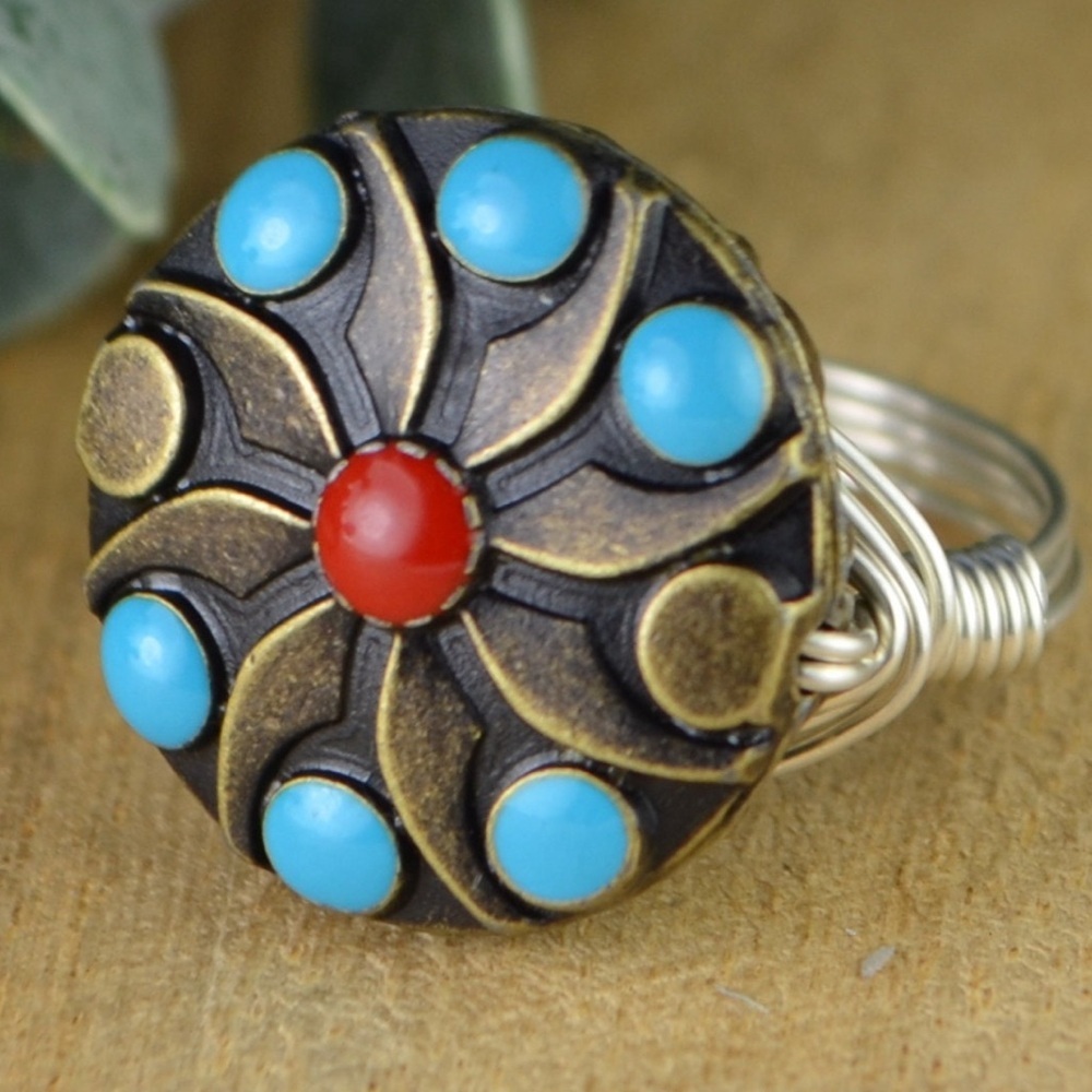 Blue Red Turquoise Brass Tone Bead Sterling Silver Filled Wire Wrapped Ring